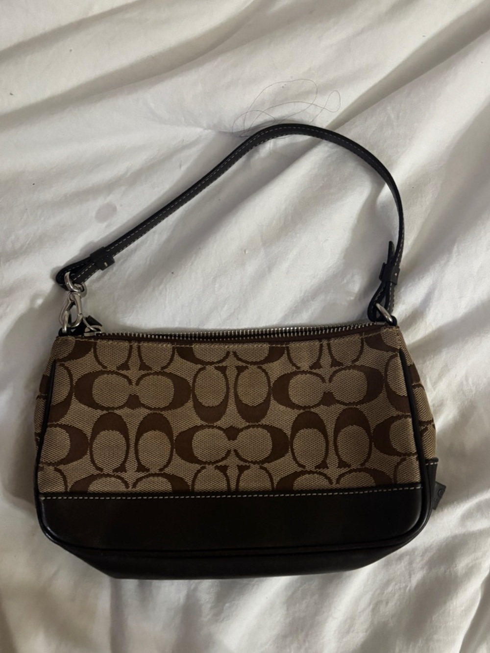 Coach Brown Signature Canvas Shoulder Bag with Dark Brown Trim